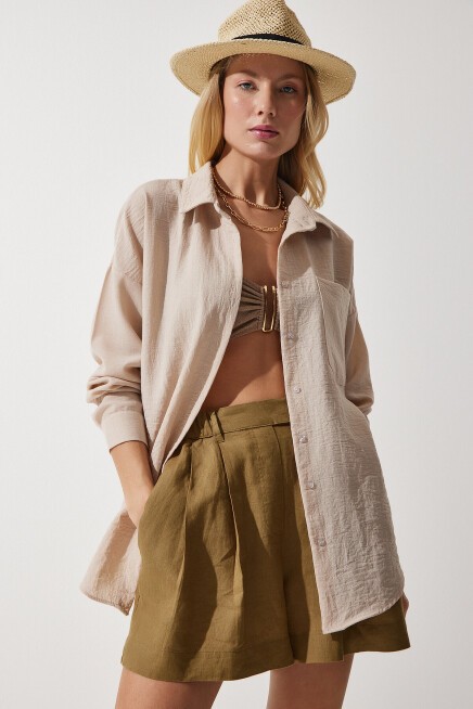 Oversize Basic Keten Ayrobin Gömlek AÇIK BEJ LDD0009