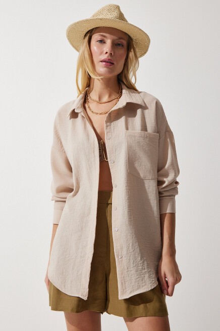 Oversize Basic Keten Ayrobin Gömlek AÇIK BEJ LDD0009