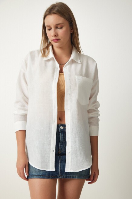Oversize Basic Keten Ayrobin Gömlek BEYAZ LDD0009