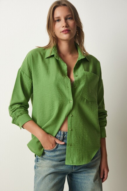 Oversize Basic Keten Ayrobin Gömlek KOYU ÇAĞLA YEŞİLİ LDD0009