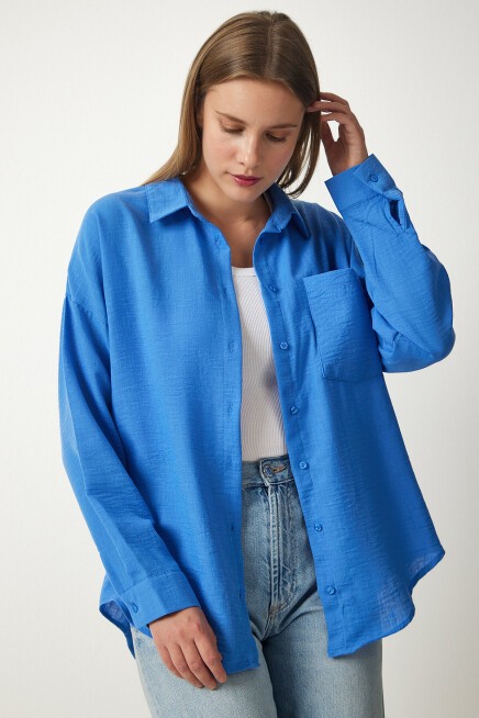 Oversize Basic Keten Ayrobin Gömlek MAVİ LDD0009