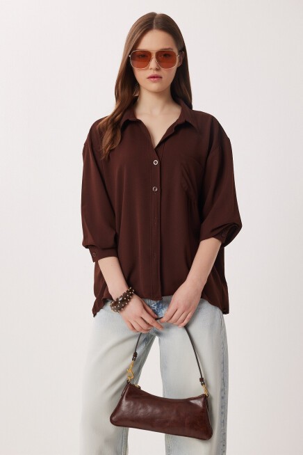Oversize Cepli Dokuma Gömlek KAHVERENGİ LDZ0063