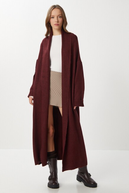 Oversize Uzun Triko Hırka BORDO LDD0129