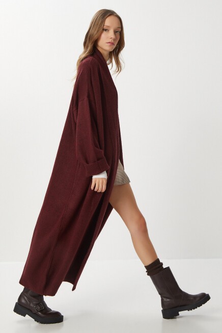 Oversize Uzun Triko Hırka BORDO LDD0129