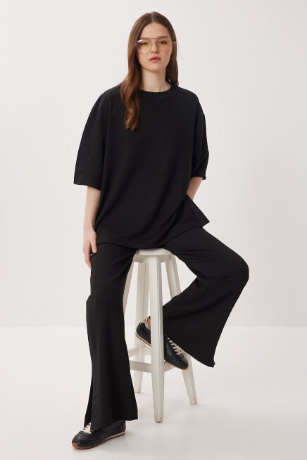 Oversize Yırtmaçlı Paraşüt Garnili Modal Takım SİYAH LBY0043