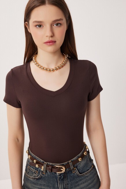 V Yaka Basic Örme T-shirt KAHVERENGİ LDZ0069