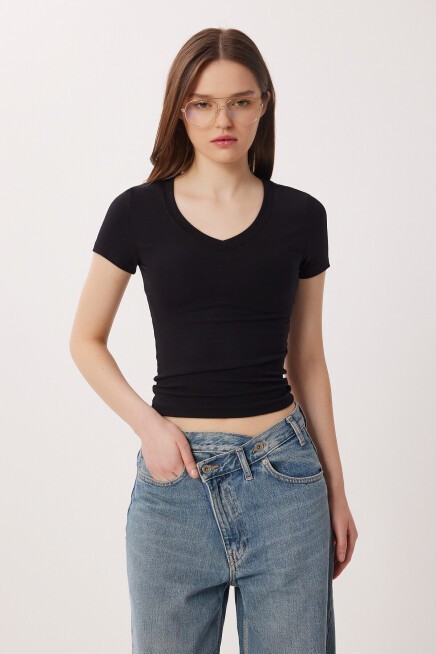 V Yaka Basic Örme T-shirt SİYAH LDZ0069