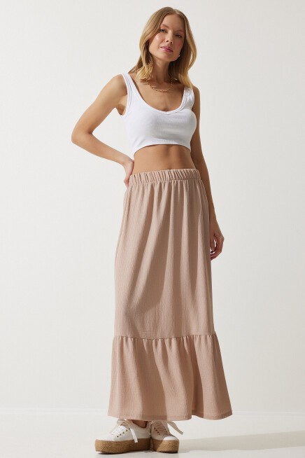 Volanlı Yazlık Midi Etek KREM LDD0125