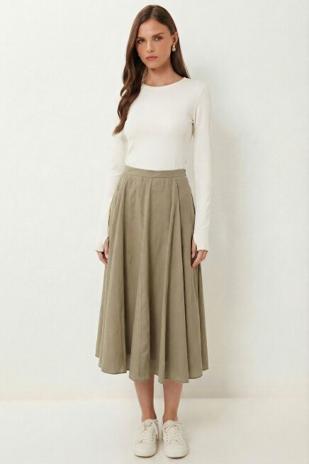 Yazlık Kloş Midi Dokuma Etek ZEYTİN YEŞİLİ LCR0110