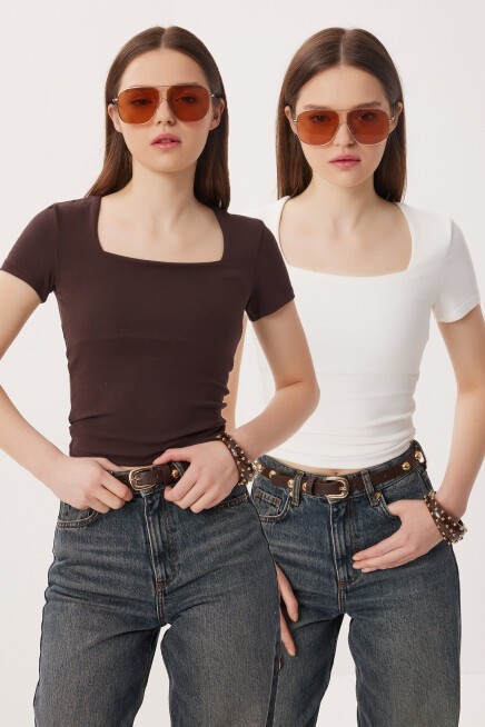 2li Paket Kare Yaka Basic Örme T-shirt KAHVERENGİ KEMİK LDZ0059
