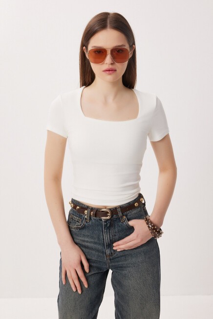 2li Paket Kare Yaka Basic Örme T-shirt KEMİK KEMİK LDZ0059