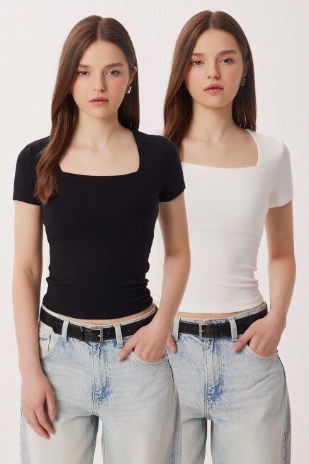 2li Paket Kare Yaka Basic Örme T-shirt SİYAH KEMİK LDZ0059