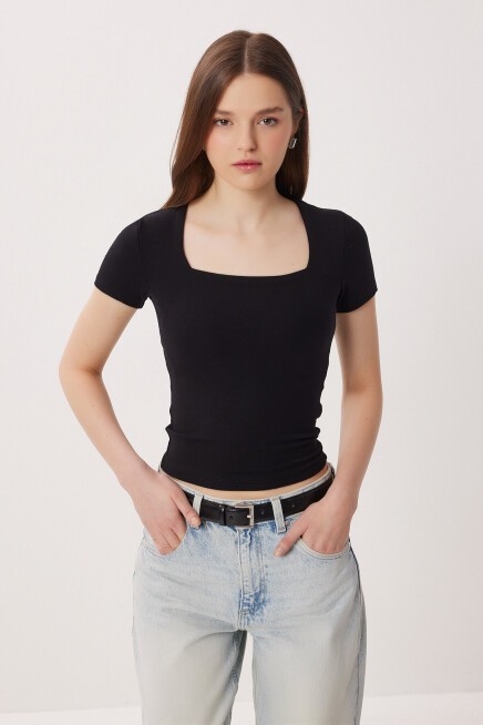 2li Paket Kare Yaka Basic Örme T-shirt SİYAH KEMİK LDZ0059