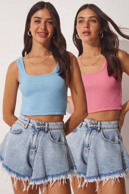 Askılı Crop 2li Paket Örme Bluz GÖK MAVİ PEMBE LGT0003