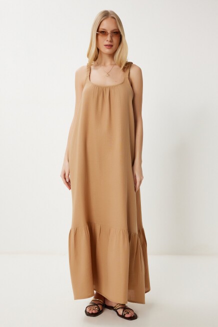 Askılı Volanlı Yazlık Müslin Elbise CAMEL LFZ0002