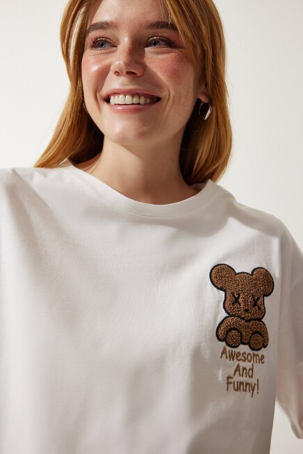 Ayıcık Armalı Crop Örme T-shirt EKRU LHF0008