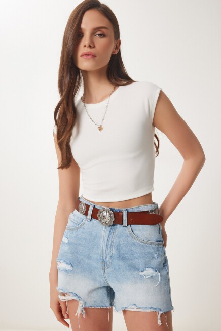 Basic Crop Örme Bluz KEMİK LFW0005