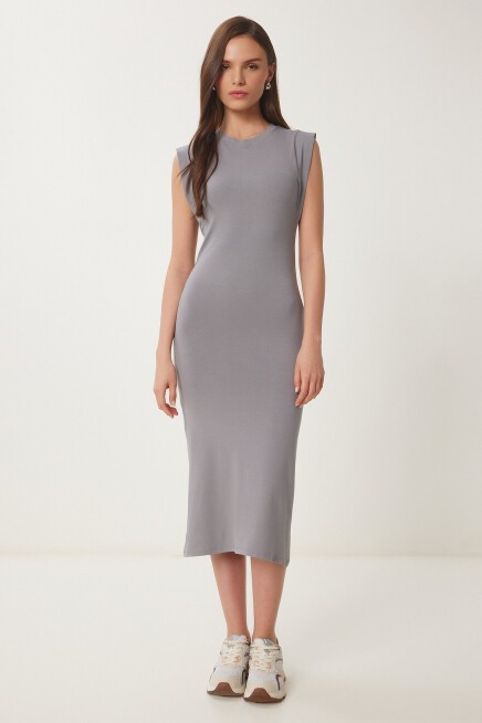 Basic Yazlık Midi Örme Elbise GRİ LFW0004