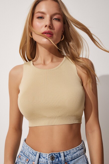 Bisiklet Yaka Yazlık Crop Triko Bluz KREM LER0001
