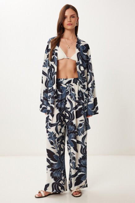 Desenli Yazlık Viskon Kimono Pantolon Takım FÜME KEMİK LJE0003