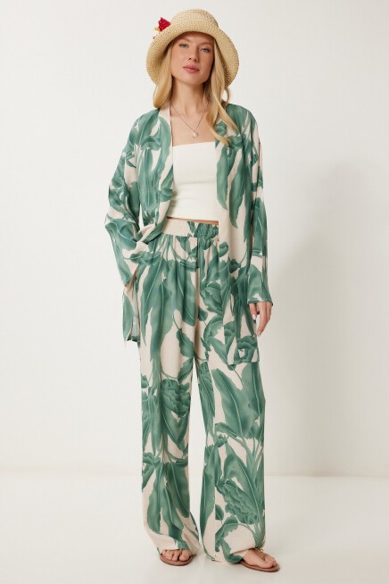 Desenli Yazlık Viskon Kimono Pantolon Takım HAKİ KREM LJE0003
