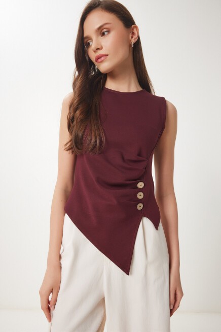 Düğmeli Büzgülü Asimetrik Kesim Örme Bluz BORDO LFW0006
