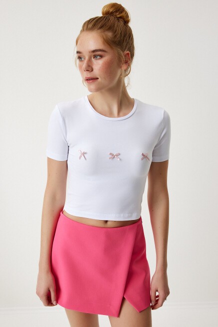 Fiyonk Detaylı Crop Örme T-shirt BEYAZ LMC0005
