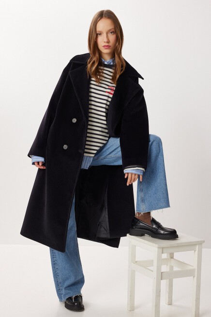 Kruvaze Yaka Oversize Kaşe Kaban SİYAH LFG0173