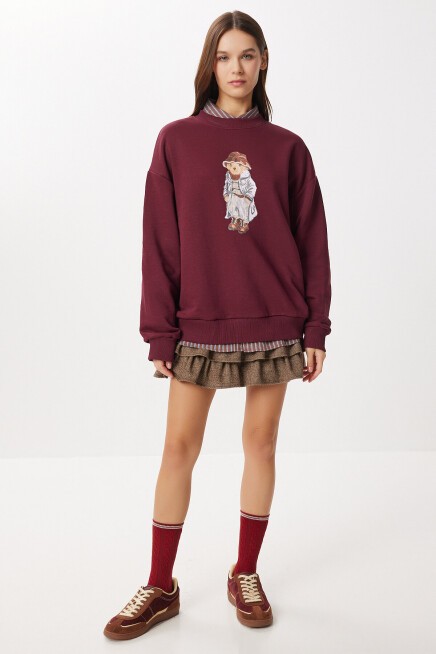 Oversize Ayıcık Baskılı Örme Sweatshirt BORDO LFN0135