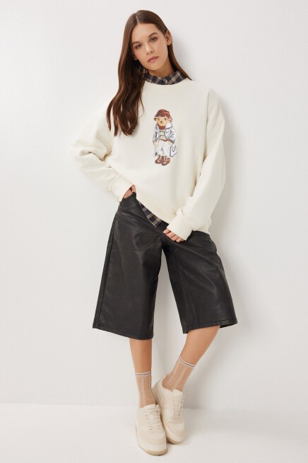 Oversize Ayıcık Baskılı Örme Sweatshirt KREM LFN0135
