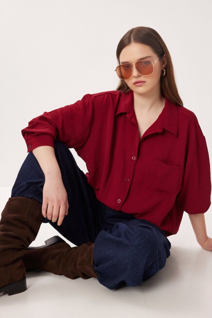 Oversize Cepli Dokuma Gömlek BORDO LDZ0063