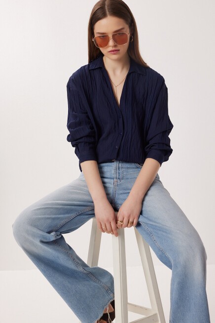 Oversize İşlemeli Dokuma Gömlek LACİVERT LDZ0062
