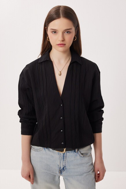 Oversize İşlemeli Dokuma Gömlek SİYAH LDZ0062