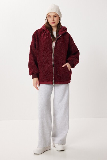 Oversize Kapüşonlu Kontrast Peluş Mont BORDO LFG0172