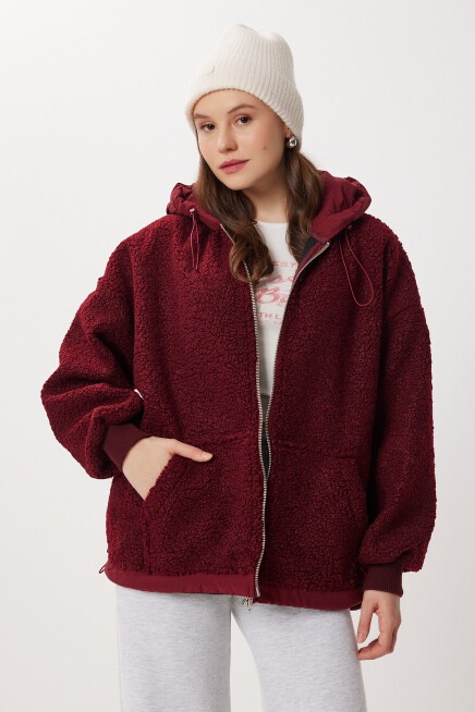 Oversize Kapüşonlu Kontrast Peluş Mont BORDO LFG0172