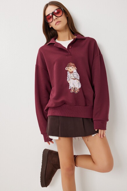 Polo Yaka Ayıcık Baskılı Örme Sweasthirt BORDO LFN0137
