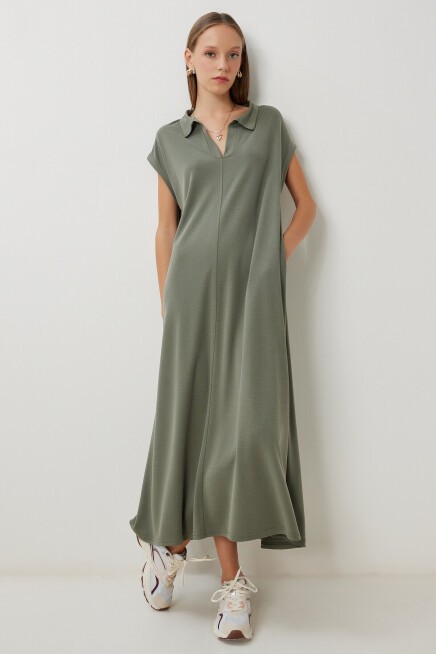 Polo Yaka Cepli Örme Elbise HAKİ LDZ0038