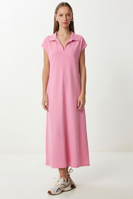 Polo Yaka Cepli Örme Elbise PEMBE LDZ0038