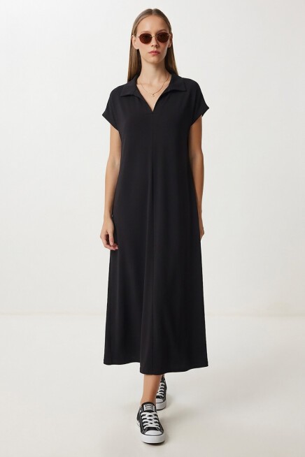 Polo Yaka Cepli Örme Elbise SİYAH LDZ0038
