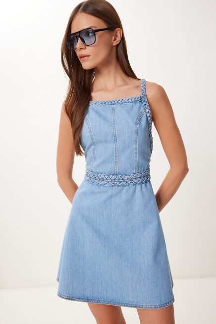 Sırt Dekolteli Mini Denim Elbise AÇIK MAVİ LFG0018