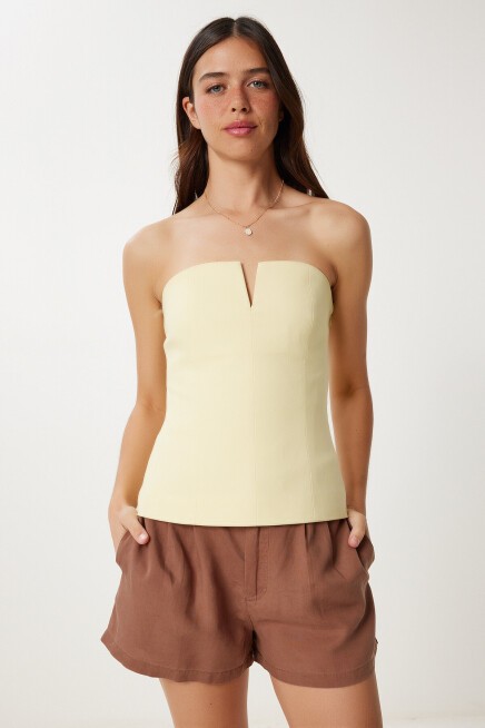 Straplez Crop Dokuma Bluz SARI LFK0007