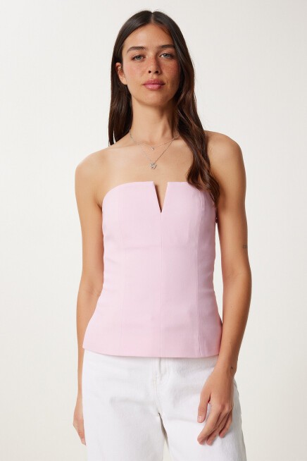 Straplez Crop Dokuma Bluz ŞEKER PEMBE LFK0007