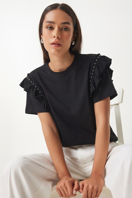 Volanlı Boncuk Detaylı Örme T-shirt SİYAH LEX0009