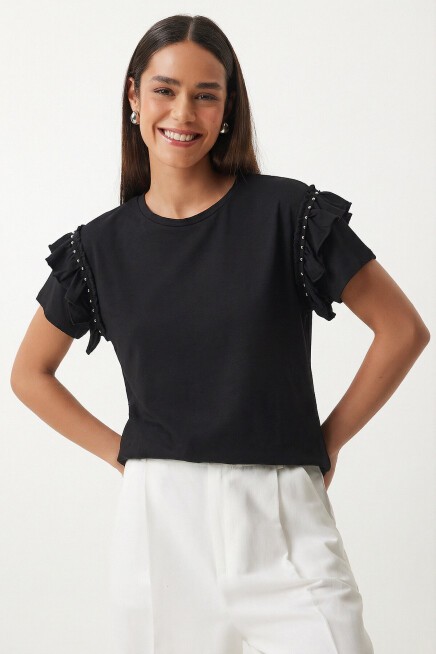 Volanlı Boncuk Detaylı Örme T-shirt SİYAH LEX0009