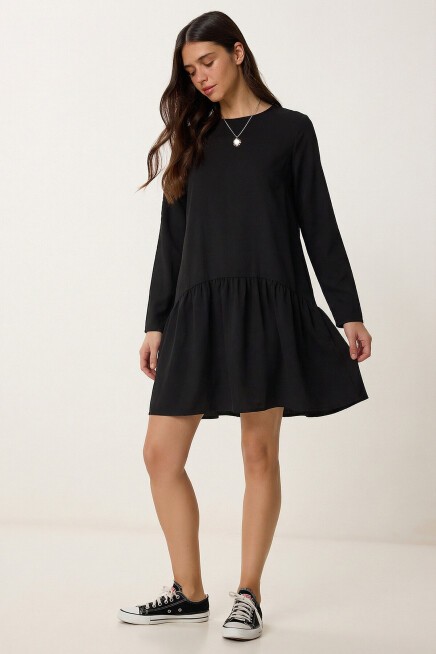 Volanlı Mini Poplin Elbise SİYAH LEX0015