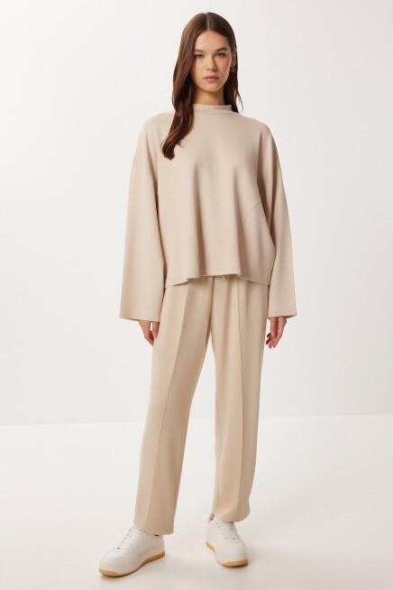 Yarasa Kollu Nervürlü Modal Üst-Alt Takım KREM LDM0009