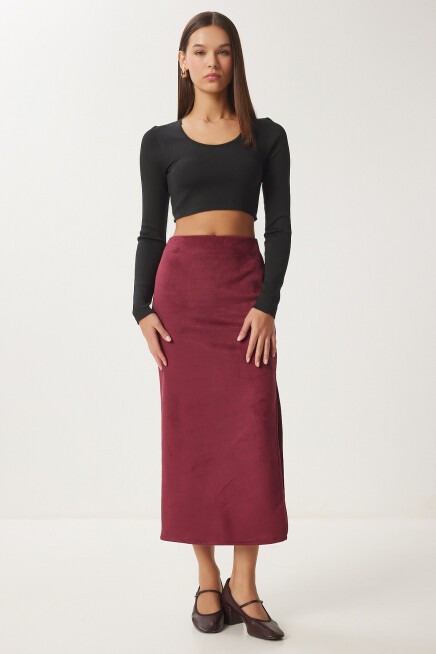 Yırtmaçlı Uzun Süet Etek BORDO LMC0046