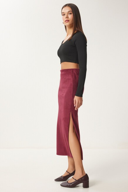Yırtmaçlı Uzun Süet Etek BORDO LMC0046