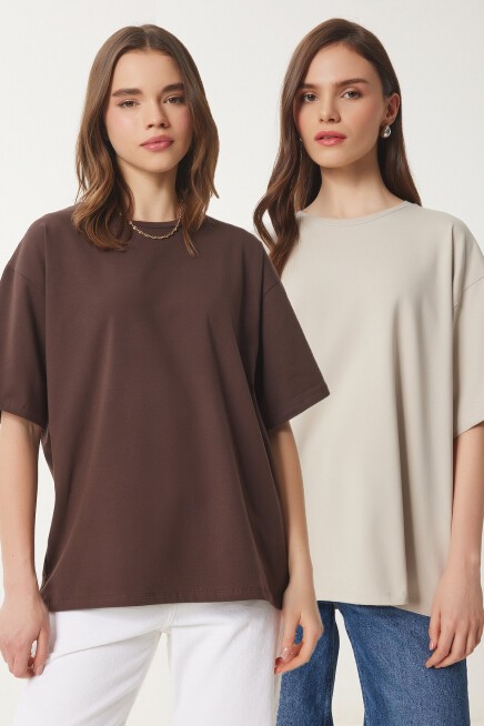 Basic Oversize 2li Takım Örme T-shirt KAHVERENGİ TAŞ LHW0007