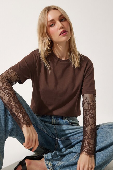 Dantel Detaylı Oversize Modal T-shirt KAHVERENGİ LNT0028